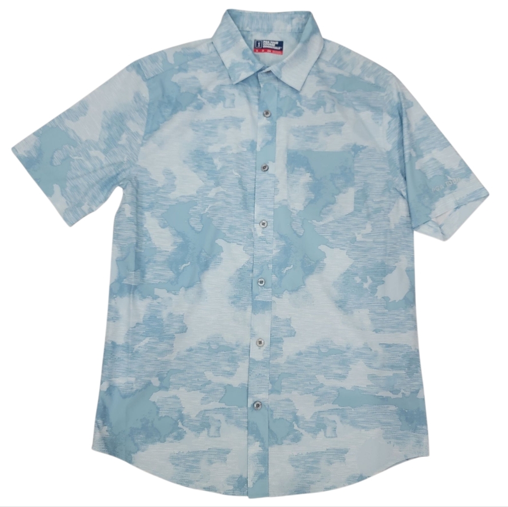 PGA Tour Apparel Abstract Sky Print Golf Shirt Blue Lightweight Sporty Men's S